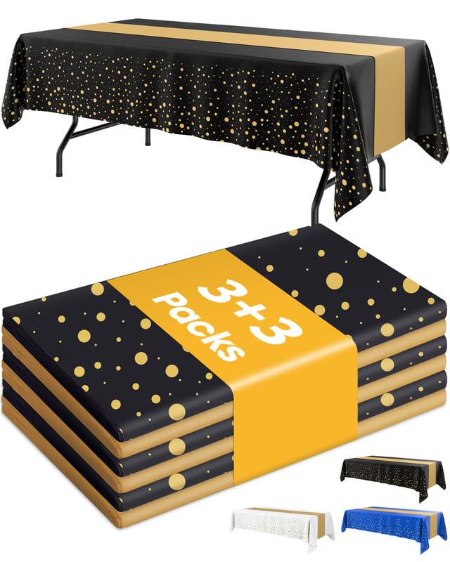 Niuara Graduation Decorations Table Cloth for Rectangle Table and Table Runner Set - 3+3 Pack, Black and Gold Plastic Tablecloth Disposable for Birthday, Wedding, Baby Shower, New Year