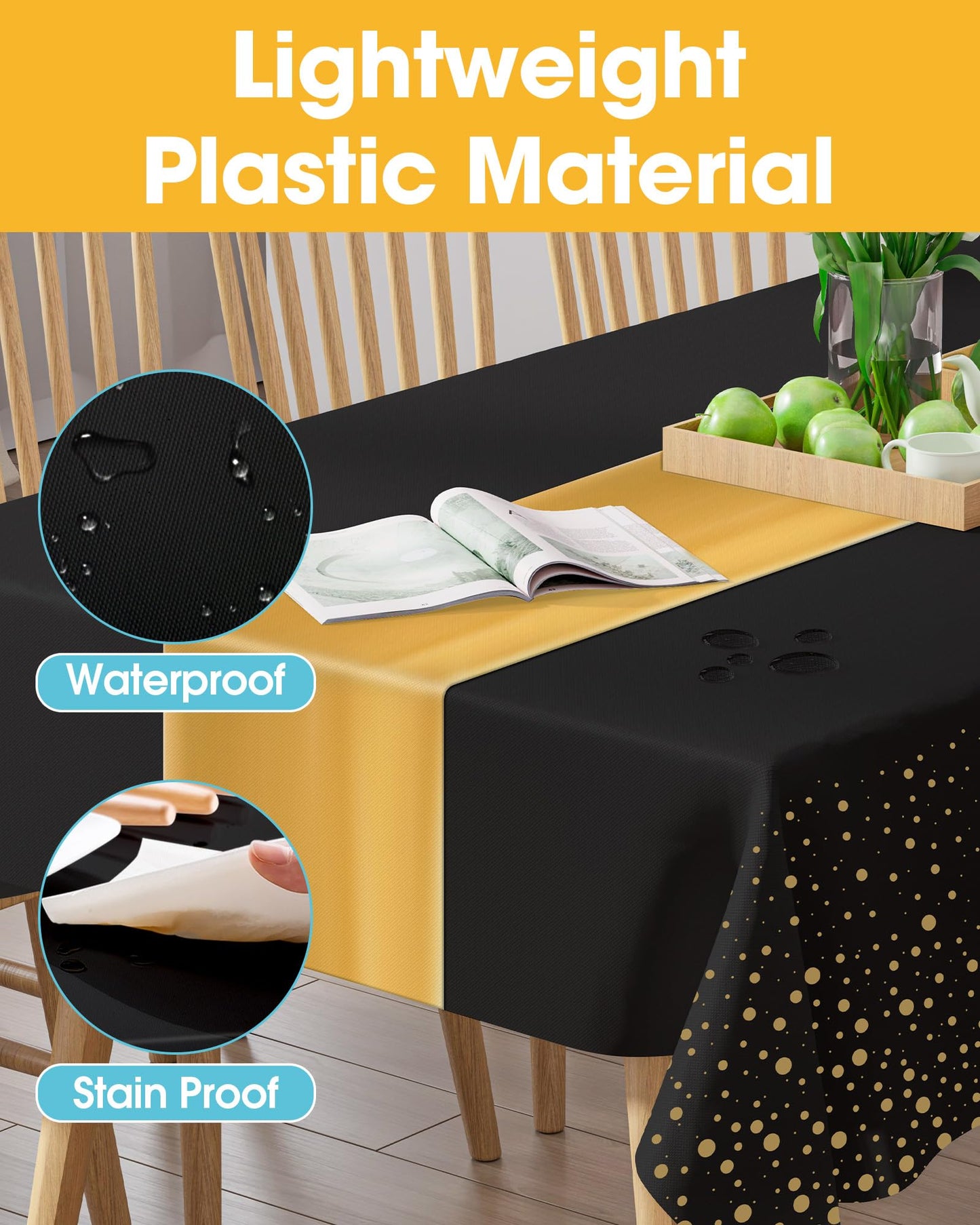 Niuara Graduation Decorations Table Cloth for Rectangle Table and Table Runner Set - 3+3 Pack, Black and Gold Plastic Tablecloth Disposable for Birthday, Wedding, Baby Shower, New Year