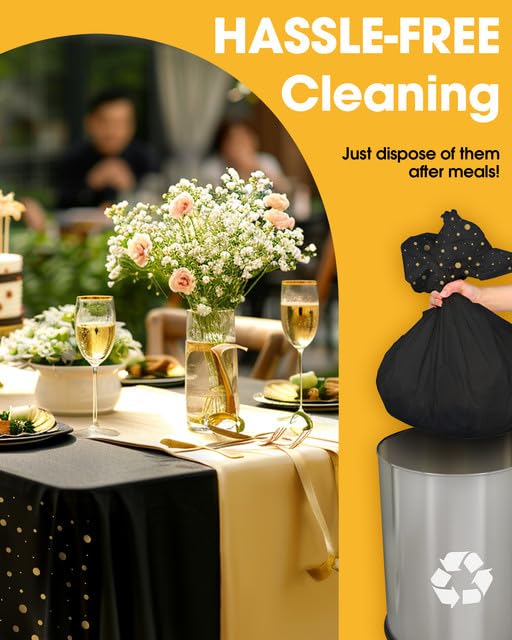 Niuara Graduation Decorations Table Cloth for Rectangle Table and Table Runner Set - 3+3 Pack, Black and Gold Plastic Tablecloth Disposable for Birthday, Wedding, Baby Shower, New Year