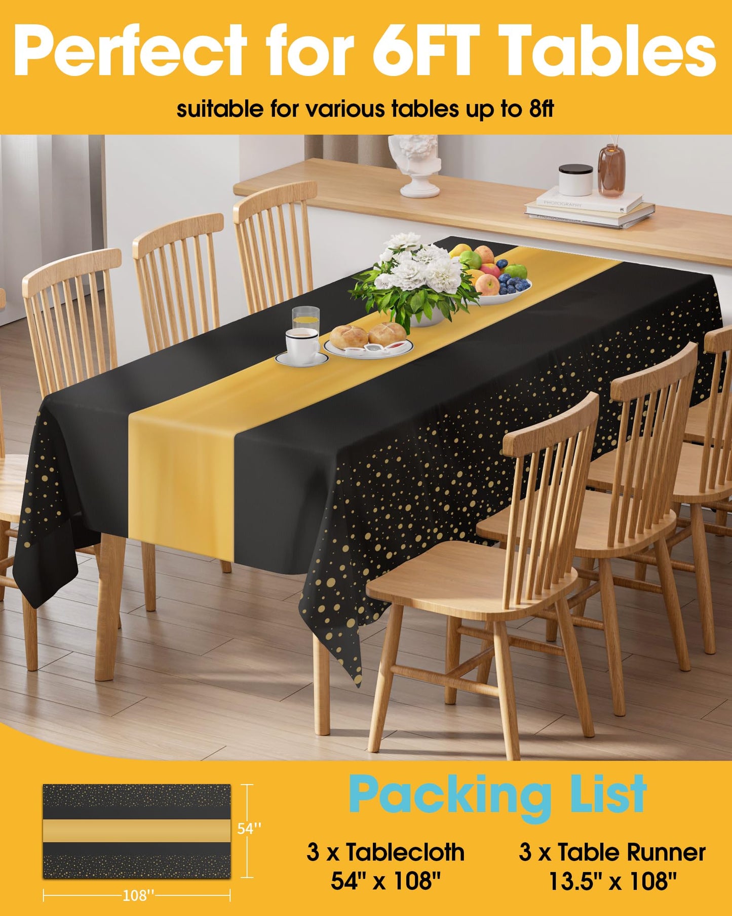 Niuara Graduation Decorations Table Cloth for Rectangle Table and Table Runner Set - 3+3 Pack, Black and Gold Plastic Tablecloth Disposable for Birthday, Wedding, Baby Shower, New Year