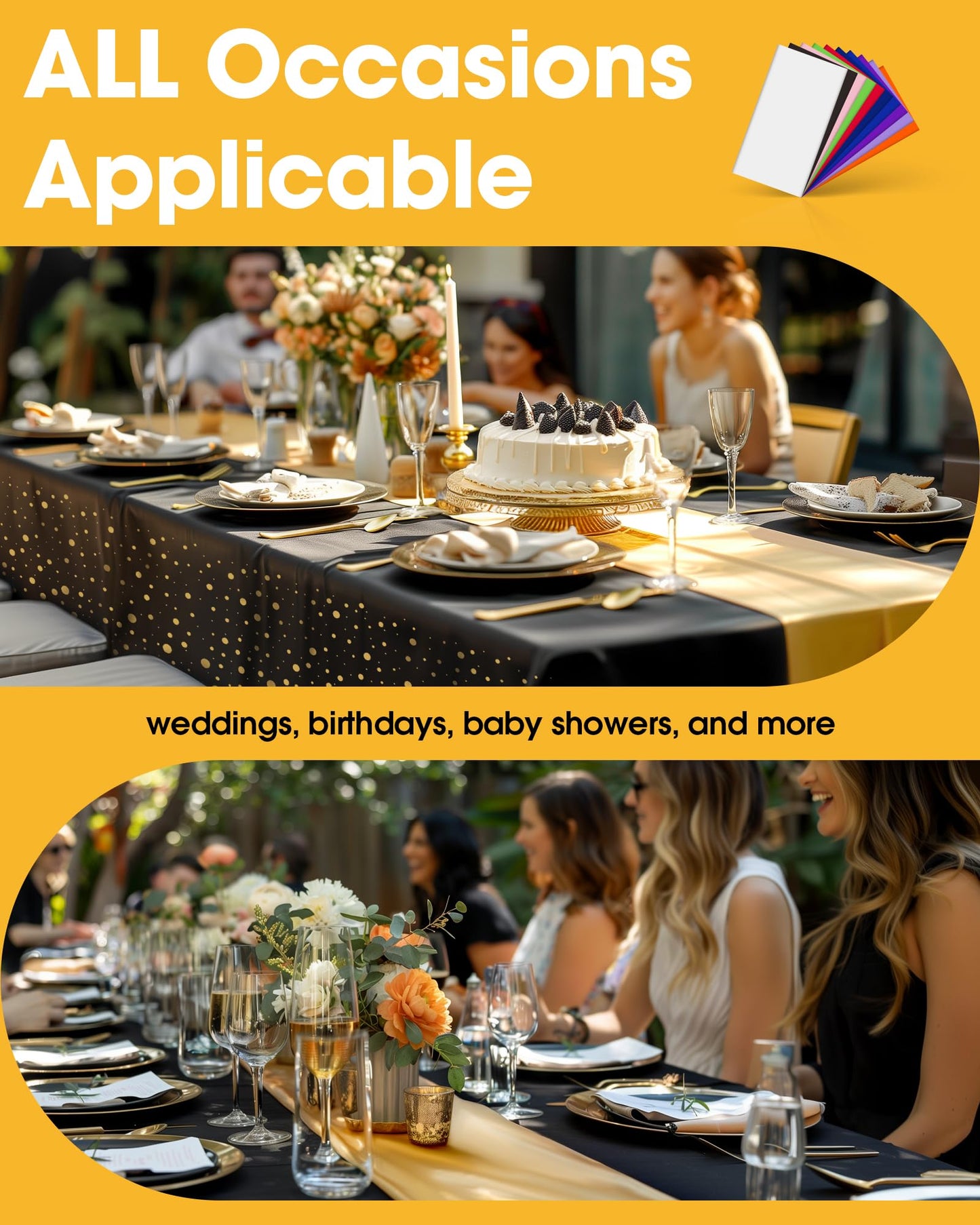 Niuara Graduation Decorations Table Cloth for Rectangle Table and Table Runner Set - 3+3 Pack, Black and Gold Plastic Tablecloth Disposable for Birthday, Wedding, Baby Shower, New Year
