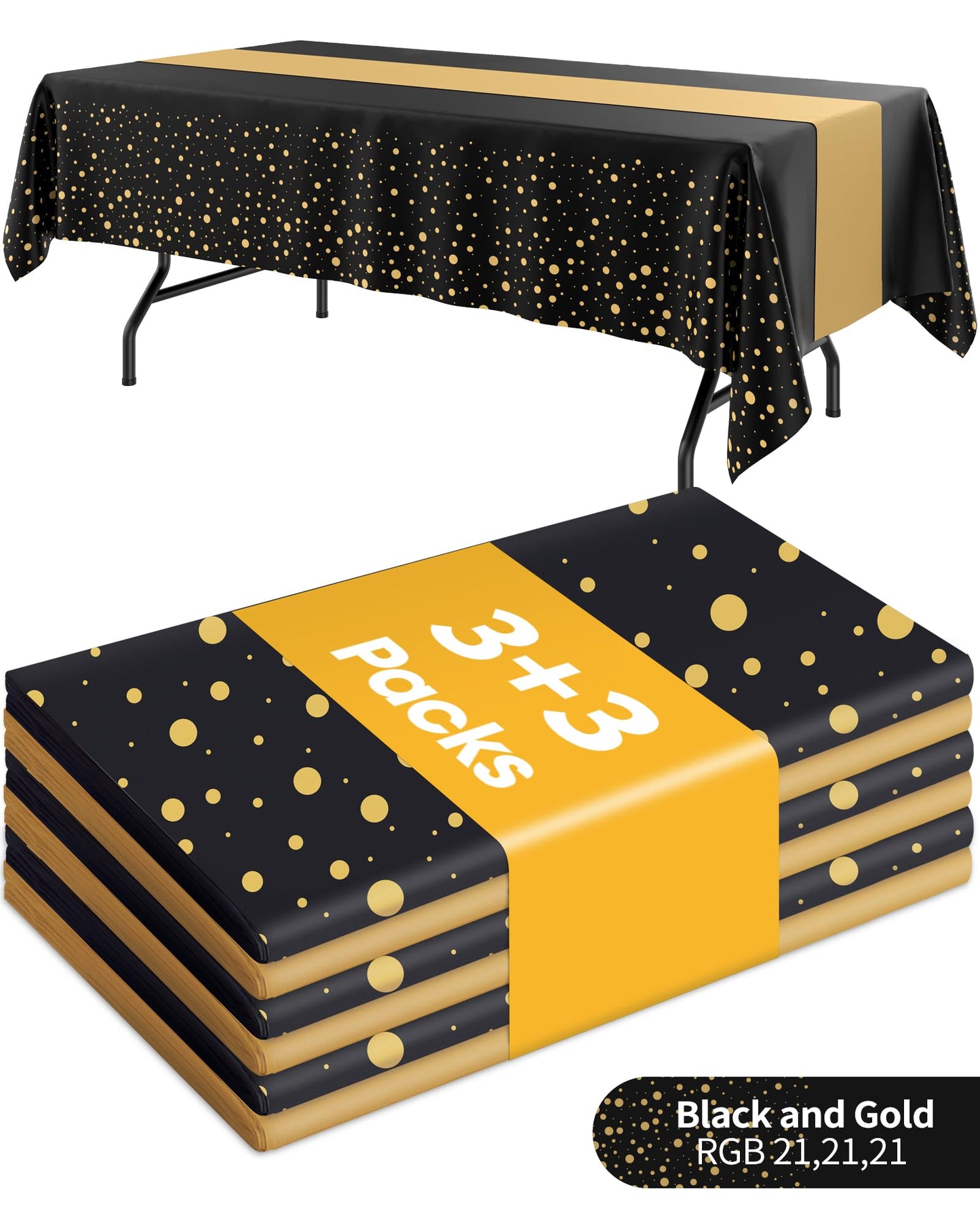 Niuara Graduation Decorations Table Cloth for Rectangle Table and Table Runner Set - 3+3 Pack, Black and Gold Plastic Tablecloth Disposable for Birthday, Wedding, Baby Shower, New Year