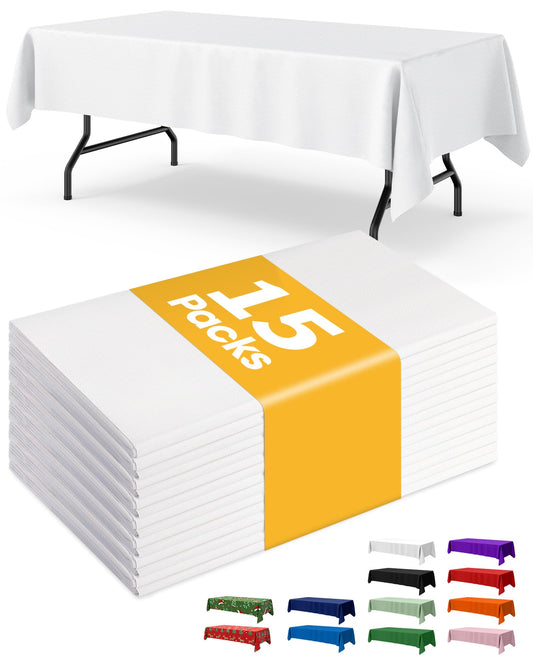 Niuara White Plastic Table Cloth - 15 Pack 54" × 108" Rectangle Disposable Tablecloths for 6FT Tables, Table Cover for Party, Holiday & Gathering Use