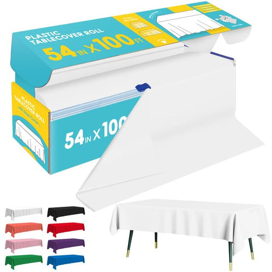Niuara White Plastic Table Cover Roll - 54IN x 100FT, Table Cloth for Rectangle Table with Slide Cutter, Plastic Table Cloth Disposable with Cut-to-Size Design for Weddings, Banquets, Parties